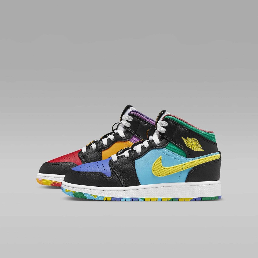 Kids Nike Lifestyle | Air Jordan 1 Mid Sneaker School Black/University Red/Light Ultramarine/Opti Yellow